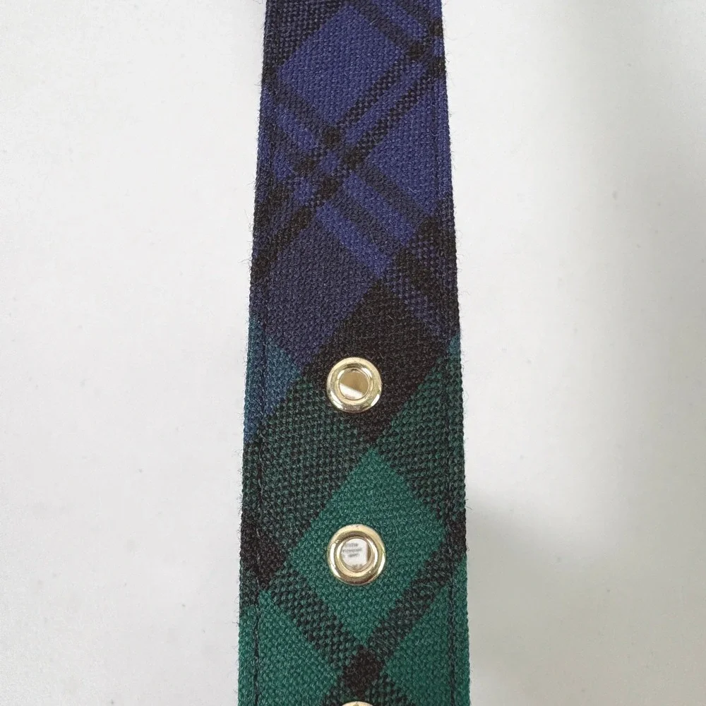 Talbots Black Watch Plaid Belt Womens M Blue Green Wool Blend Gold Buckle